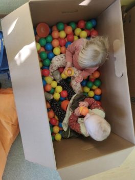 Zwei Kleinkinder sitzen in einem großen Karton voller bunter Bälle; sie greifen nach Spielbällen und wirken konzentriert in einer Betreuungssituation.
